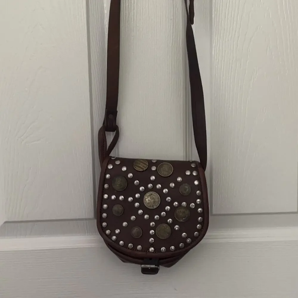 Leather Coin Crossbody Shoulder Bag Dark Brown Studded Antique Coins
